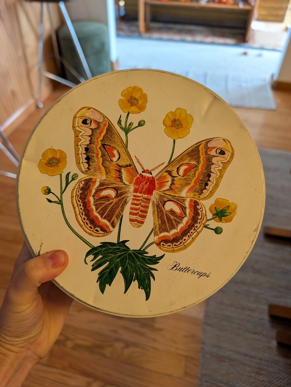 Vintage 80s Round Metal Butterfly Wildflower Circular Tin Botanical Floral Retro